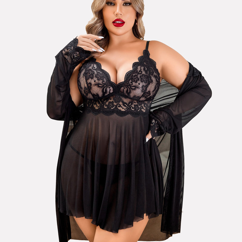 Plus Size Black Lace Lingerie Set with Mesh Robe and Babydoll Nightgown