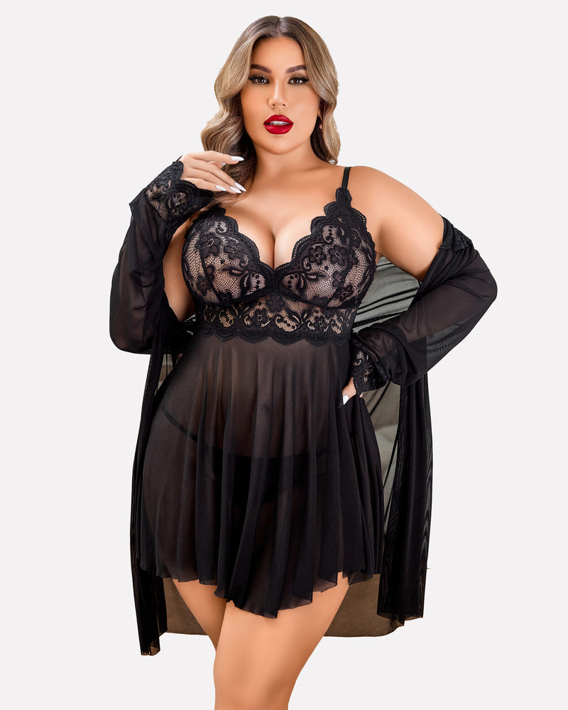 Plus Size Black Lace Lingerie Set with Mesh Robe and Babydoll Nightgown