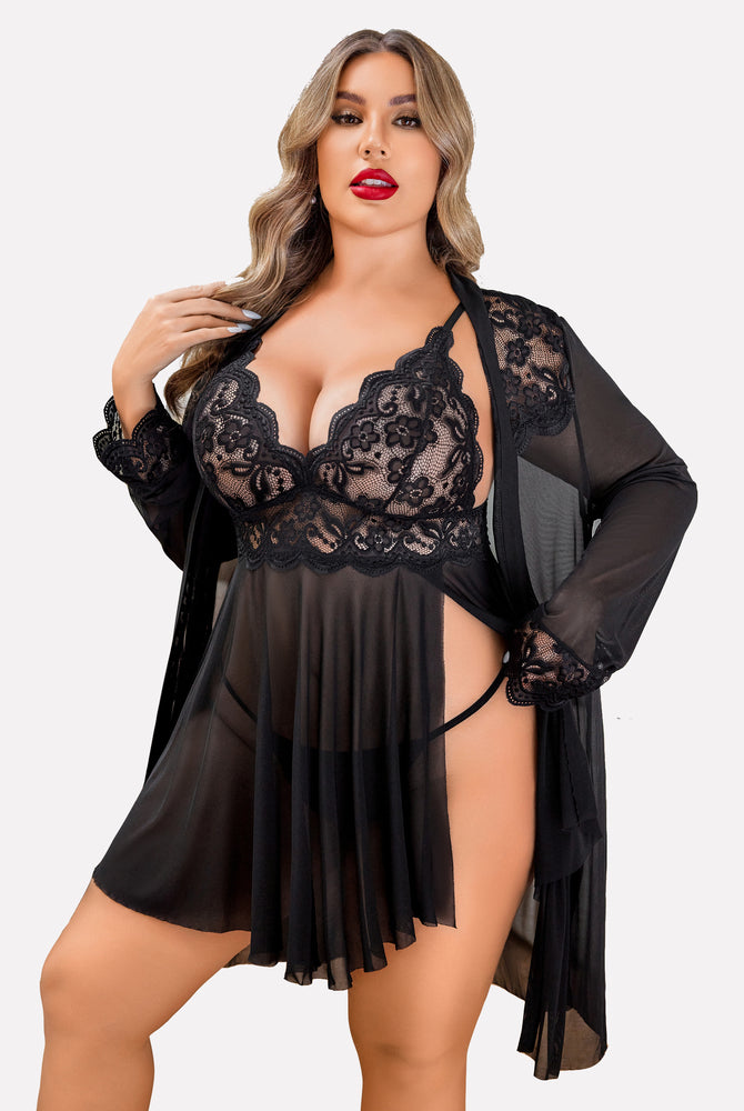 Plus Size Black Lace Lingerie Set with Robe - Sexy Sleepwear