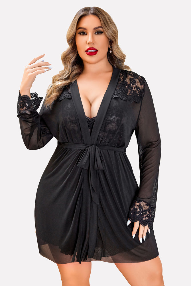 Plus Size Black Lace Sleepwear Set with Mesh Robe and Nightgown