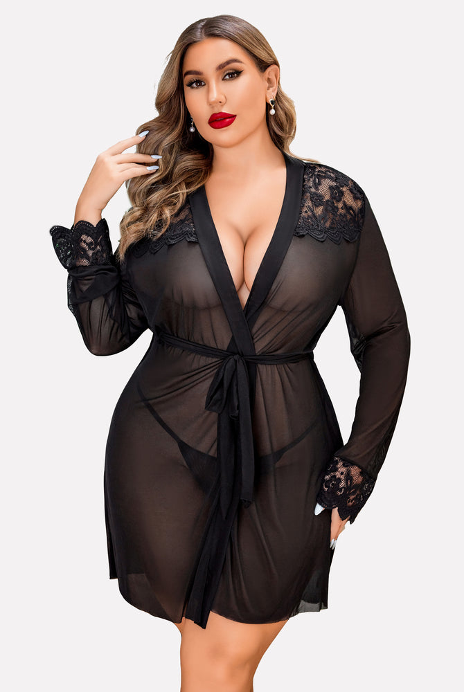 Plus Size Black Mesh Robe Lingerie Set with Lace Details - Avidlove Sleepwear