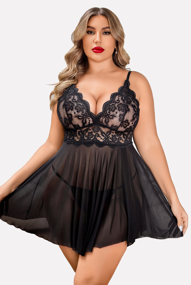 Plus Size Black Lace Nightgown and Mesh Robe Set, featuring Deep V Neck and delicate lace details