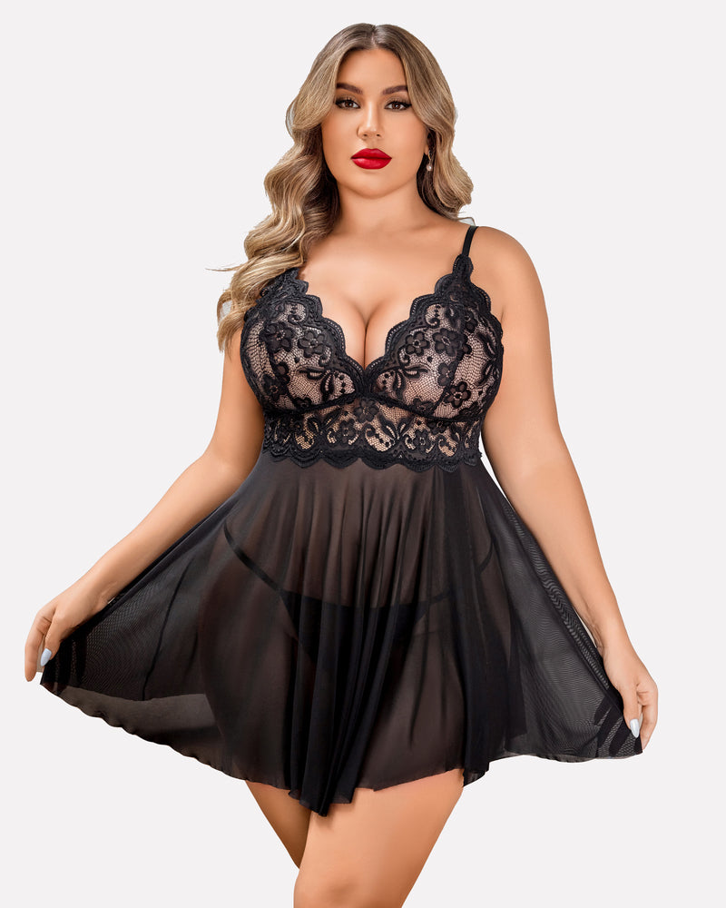 Plus Size Black Lace Nightgown and Mesh Robe Set, featuring Deep V Neck and delicate lace details