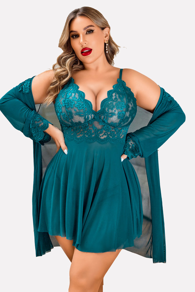 Plus Size Teal Lace Lingerie Set with Mesh Robe and Babydoll Nightgown