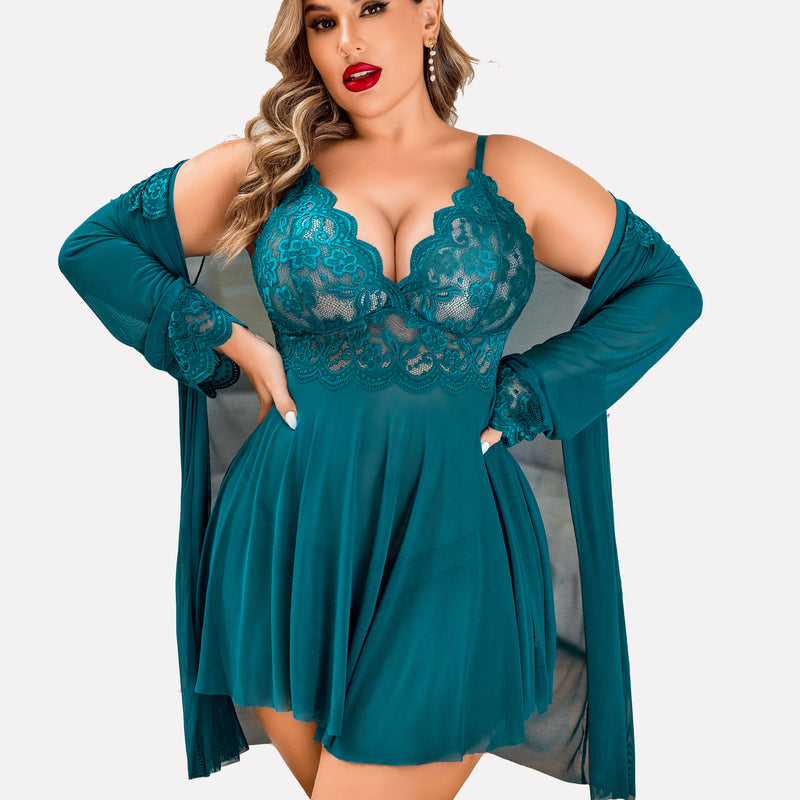 Plus Size Teal Lace Lingerie Set with Mesh Robe and Babydoll Nightgown