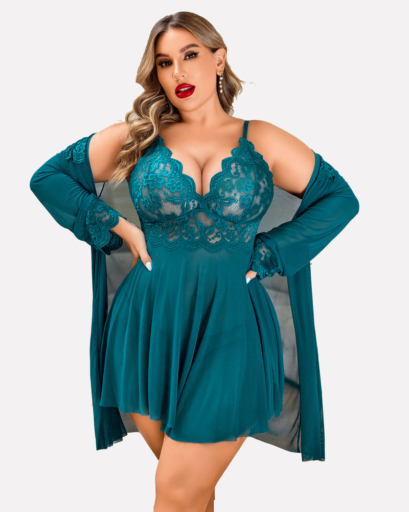 Plus Size Teal Lace Lingerie Set with Mesh Robe and Babydoll Nightgown