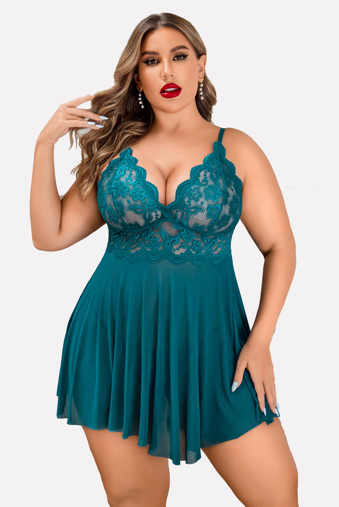 Plus Size Teal Lace Babydoll Nightgown with Mesh Details