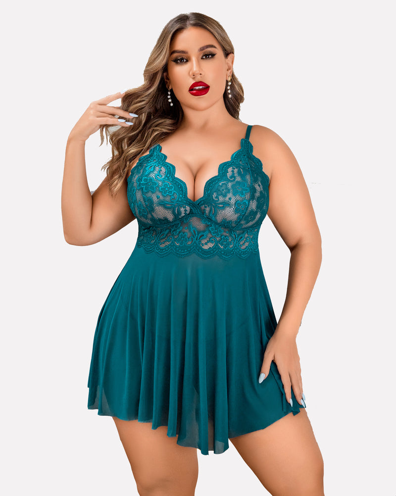 Plus Size Teal Lace Babydoll Nightgown with Mesh Details