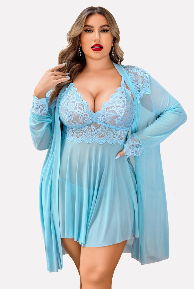 Plus size blue lace lingerie set, mesh robe with deep V-neck and side slit hem. Sexy sleepwear.