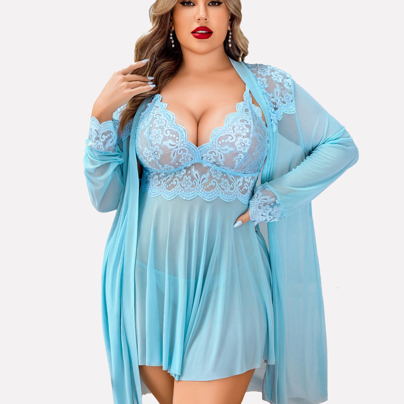 Plus size blue lace lingerie set, mesh robe with deep V-neck and side slit hem. Sexy sleepwear.