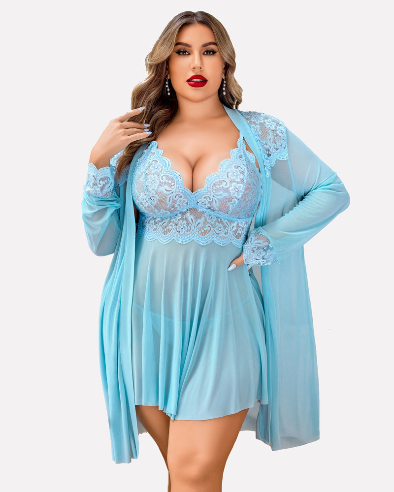 Plus size blue lace lingerie set, mesh robe with deep V-neck and side slit hem. Sexy sleepwear.