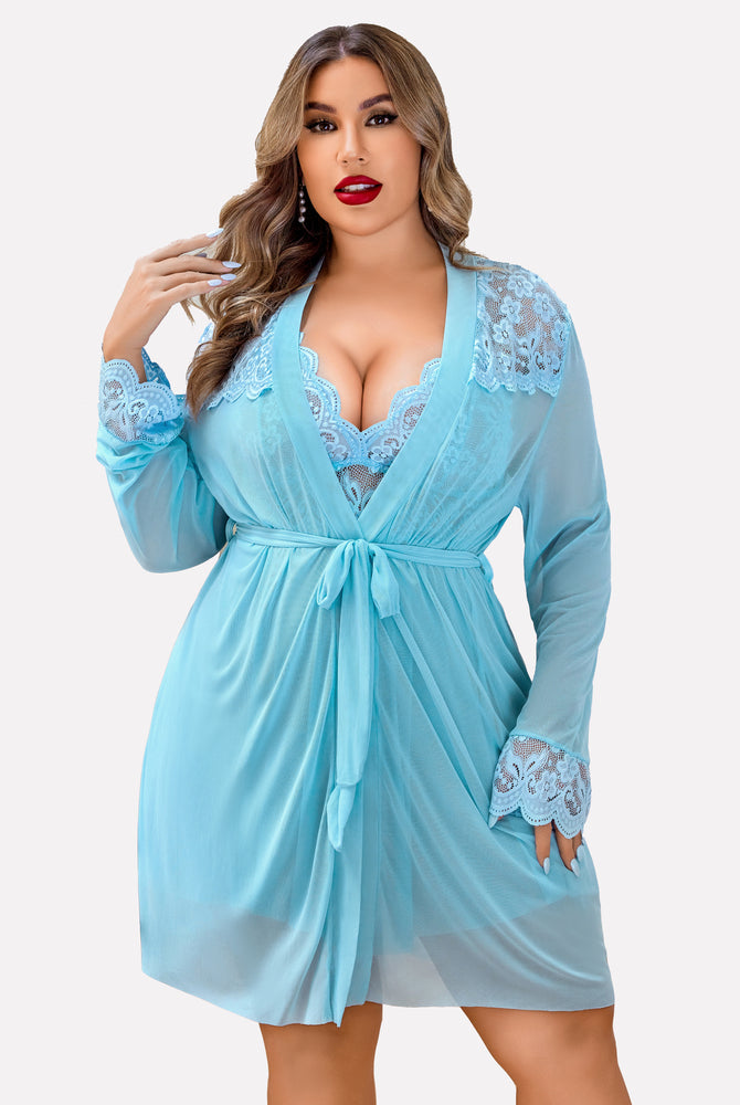 Plus Size Blue Lace Lingerie Set with Mesh Robe. Sexy sleepwear with deep V-neck.
