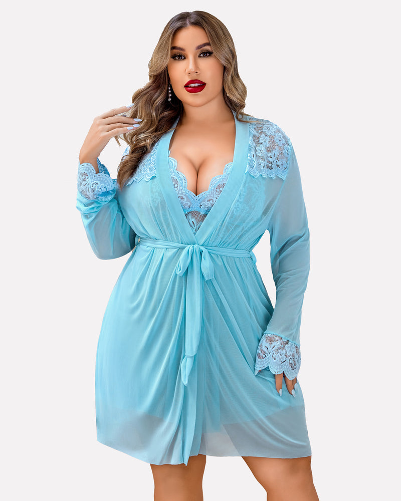 Plus Size Blue Lace Lingerie Set with Mesh Robe. Sexy sleepwear with deep V-neck.