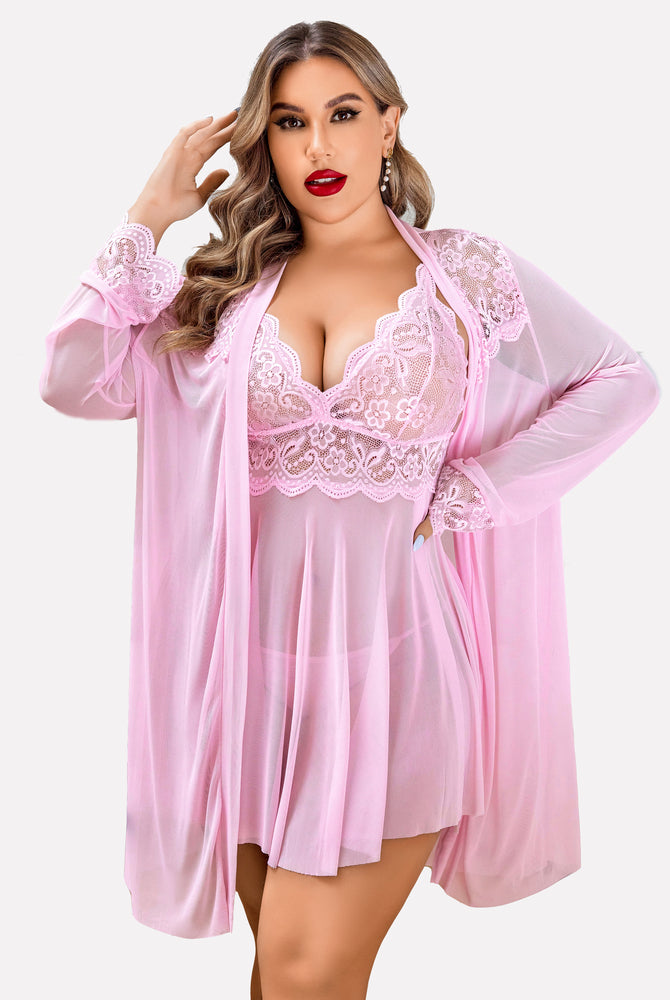Plus Size Pink Lace Lingerie Set, Mesh Robe, Babydoll Nightgown. Delicate lace, deep V-neck.