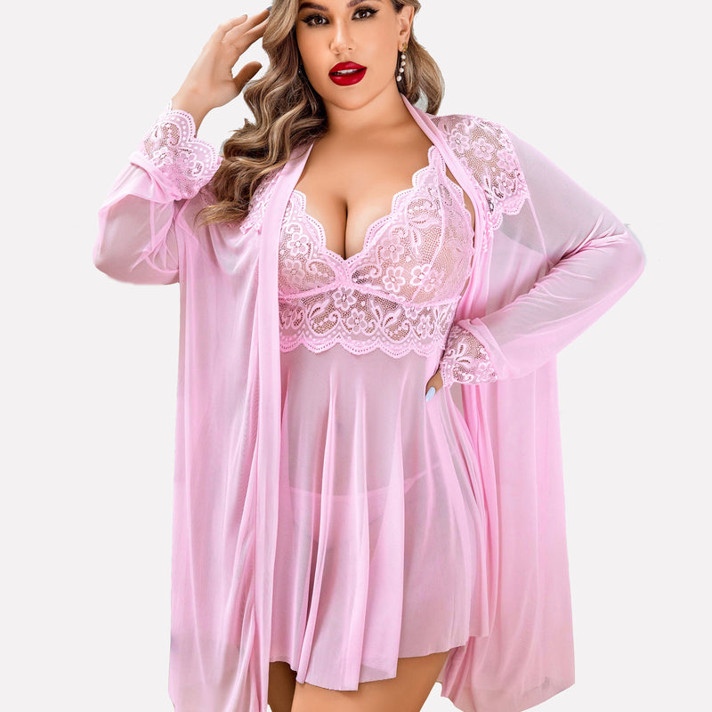 Plus Size Pink Lace Lingerie Set, Mesh Robe, Babydoll Nightgown. Delicate lace, deep V-neck.