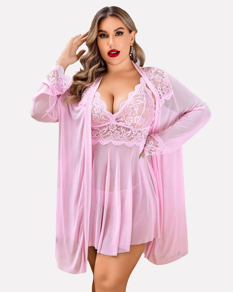 Plus Size Pink Lace Lingerie Set, Mesh Robe, Babydoll Nightgown. Delicate lace, deep V-neck.