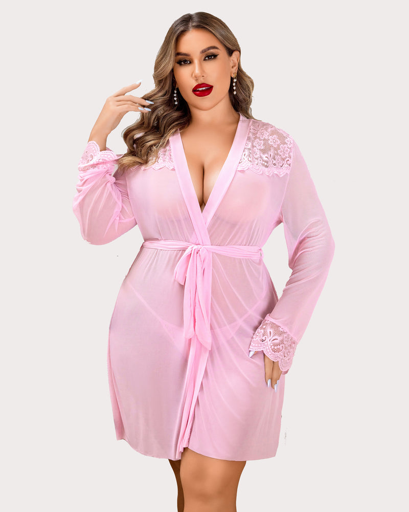 Plus Size Pink Mesh Robe with Lace Details - Avidlove Sexy Sleepwear
