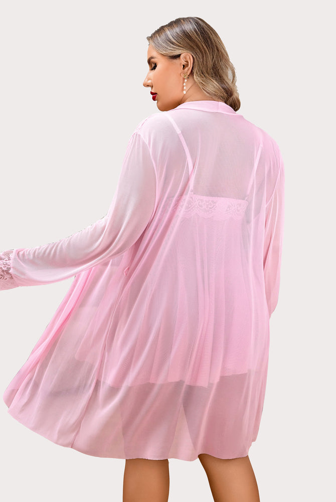 Plus Size Pink Lace Lingerie Set with Mesh Robe. Delicate lace, deep V-neck, sexy sleepwear.
