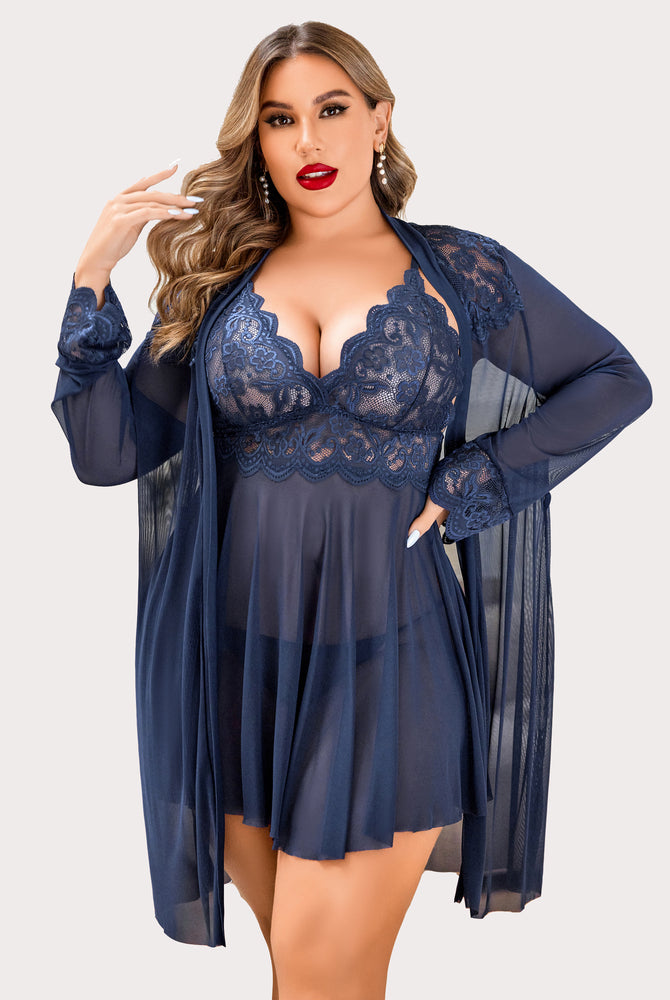 Plus Size Navy Lace Lingerie Set with Mesh Robe and Nightgown. Deep V-neck design. Sexy sleepwear.
