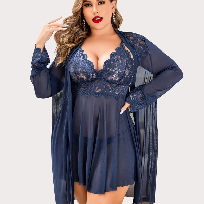Plus Size Navy Lace Lingerie Set with Mesh Robe and Nightgown. Deep V-neck design. Sexy sleepwear.