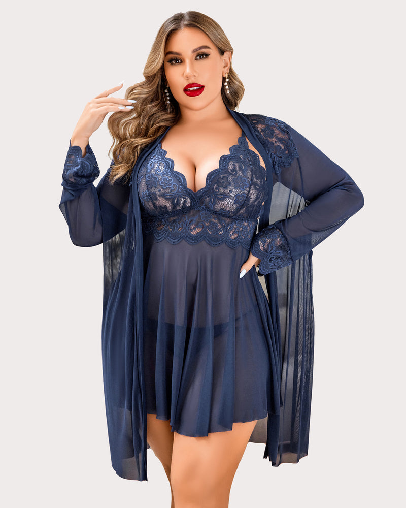 Plus Size Navy Lace Lingerie Set with Mesh Robe and Nightgown. Deep V-neck design. Sexy sleepwear.