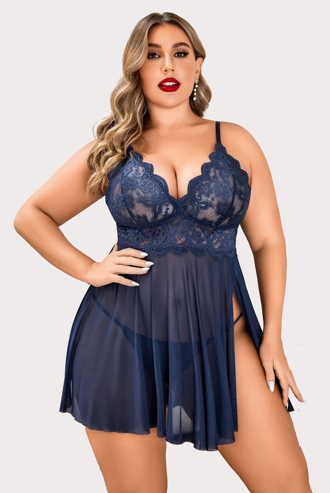 Plus Size Navy Lace Lingerie Set, Mesh Robe, Deep V-neck. Sexy sleepwear for women.