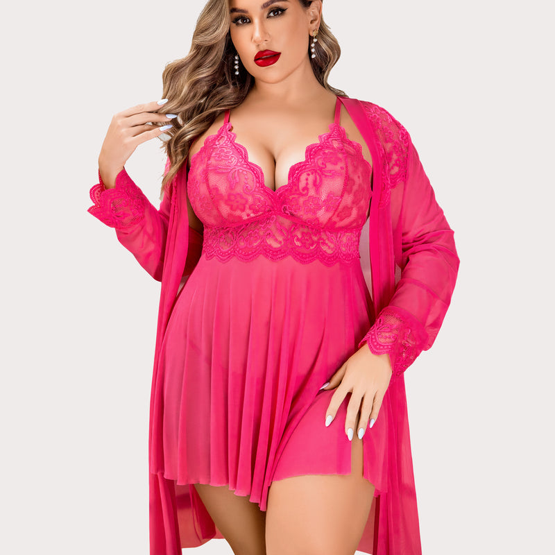 Plus Size Fuchsia Lace Lingerie Set with Mesh Robe - Sexy Sleepwear