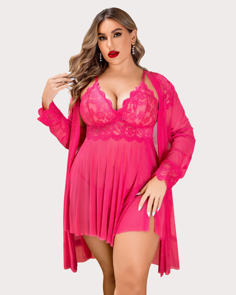 Plus Size Fuchsia Lace Lingerie Set with Mesh Robe - Sexy Sleepwear