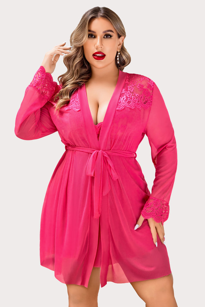 Plus Size Pink Lace Lingerie Set with Mesh Robe, babydoll nightgown, lace details. Sexy sleepwear.