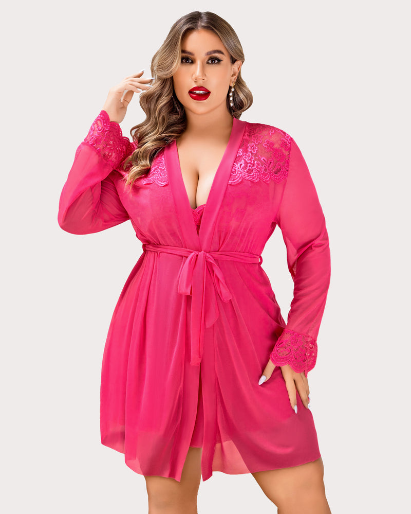 Plus Size Pink Lace Lingerie Set with Mesh Robe, babydoll nightgown, lace details. Sexy sleepwear.