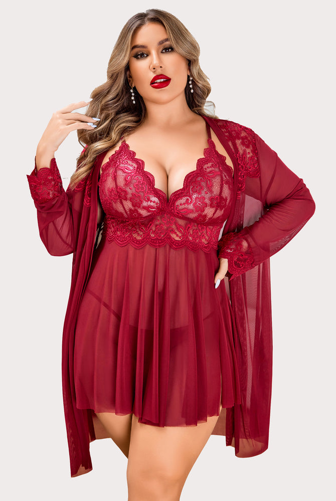 Plus size burgundy lace lingerie set with mesh robe. Sexy sleepwear, deep V-neck design.