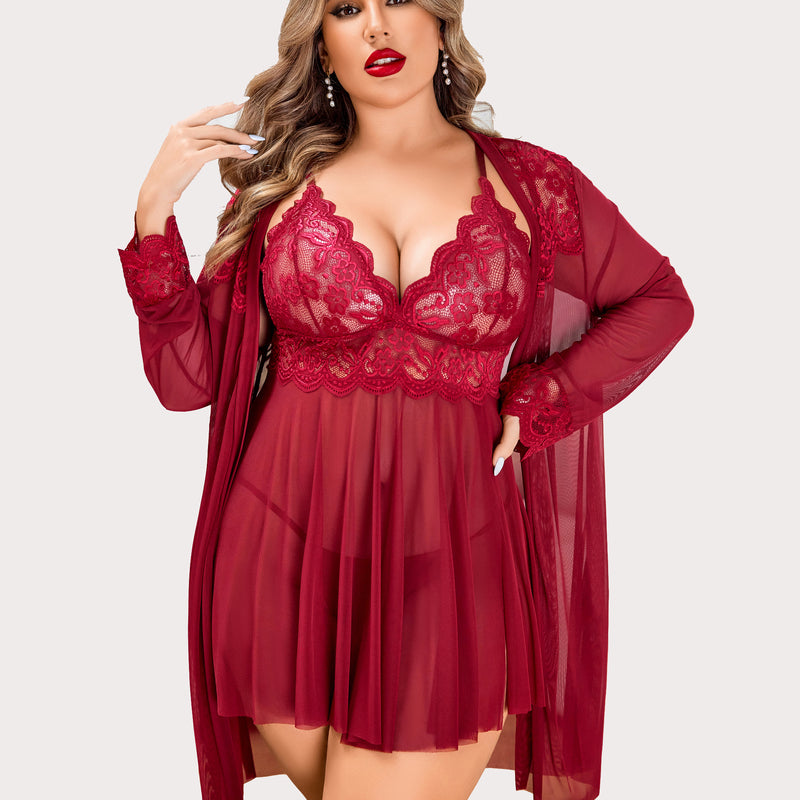 Plus size burgundy lace lingerie set with mesh robe. Sexy sleepwear, deep V-neck design.