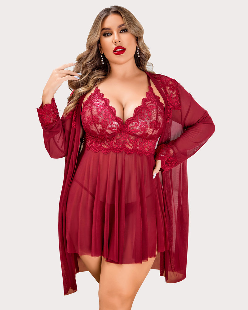 Plus size burgundy lace lingerie set with mesh robe. Sexy sleepwear, deep V-neck design.