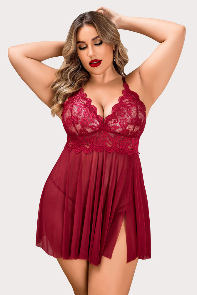 Plus Size Burgundy Lace Lingerie Set, Deep V-neck Babydoll, Mesh Details. Sexy sleepwear.