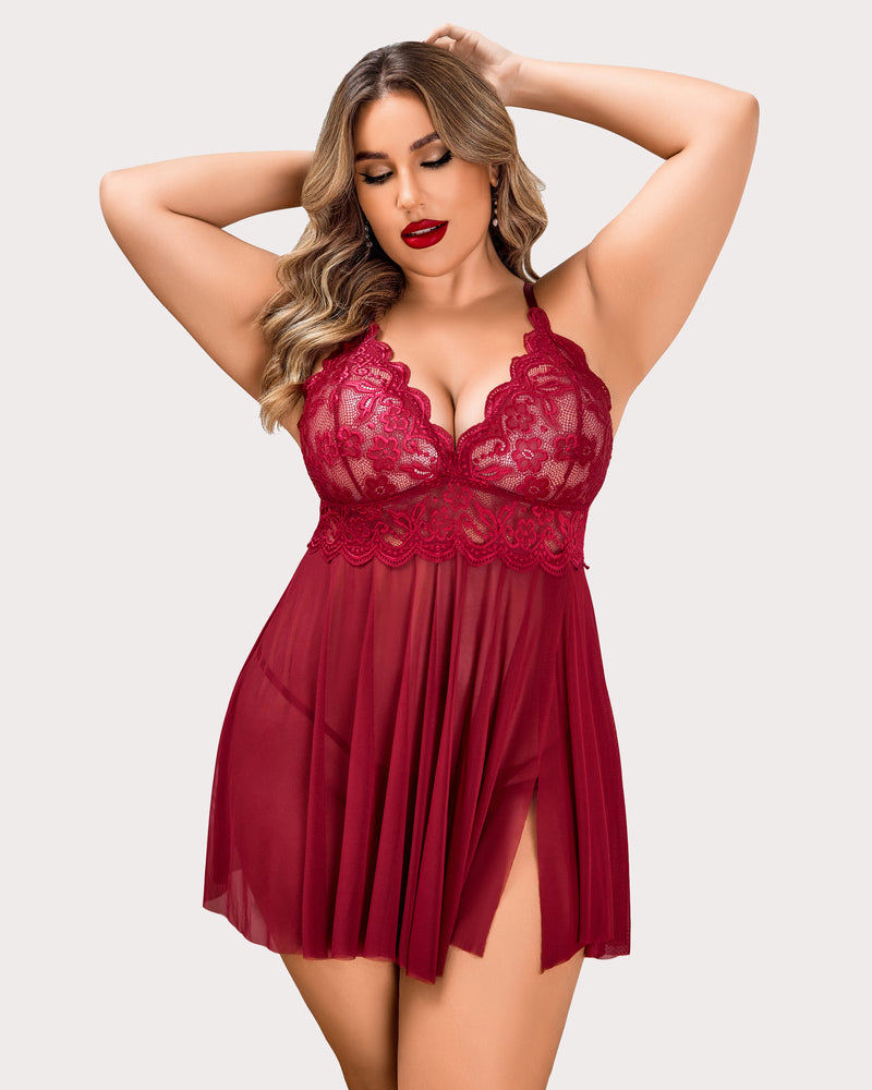 Plus Size Burgundy Lace Lingerie Set, Deep V-neck Babydoll, Mesh Details. Sexy sleepwear.