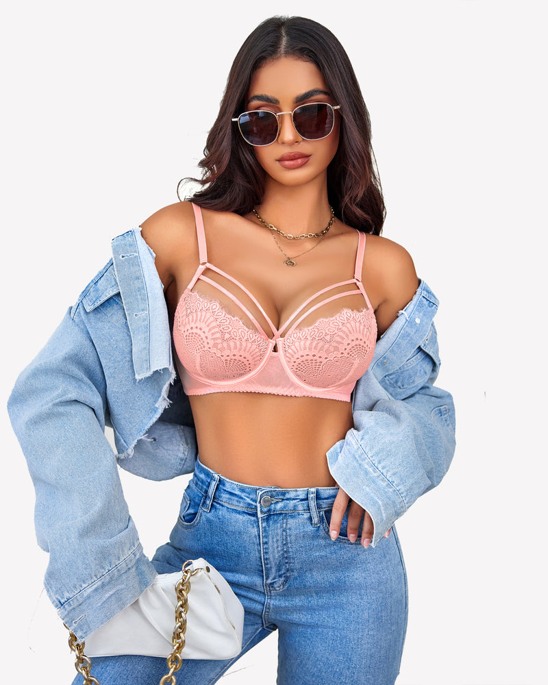 Pink lace bra set with adjustable straps, floral design, elegant lingerie for women, Avidlove