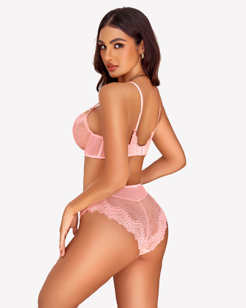 Pink lace bra and panty set with floral lace detailing, elegant lingerie for women