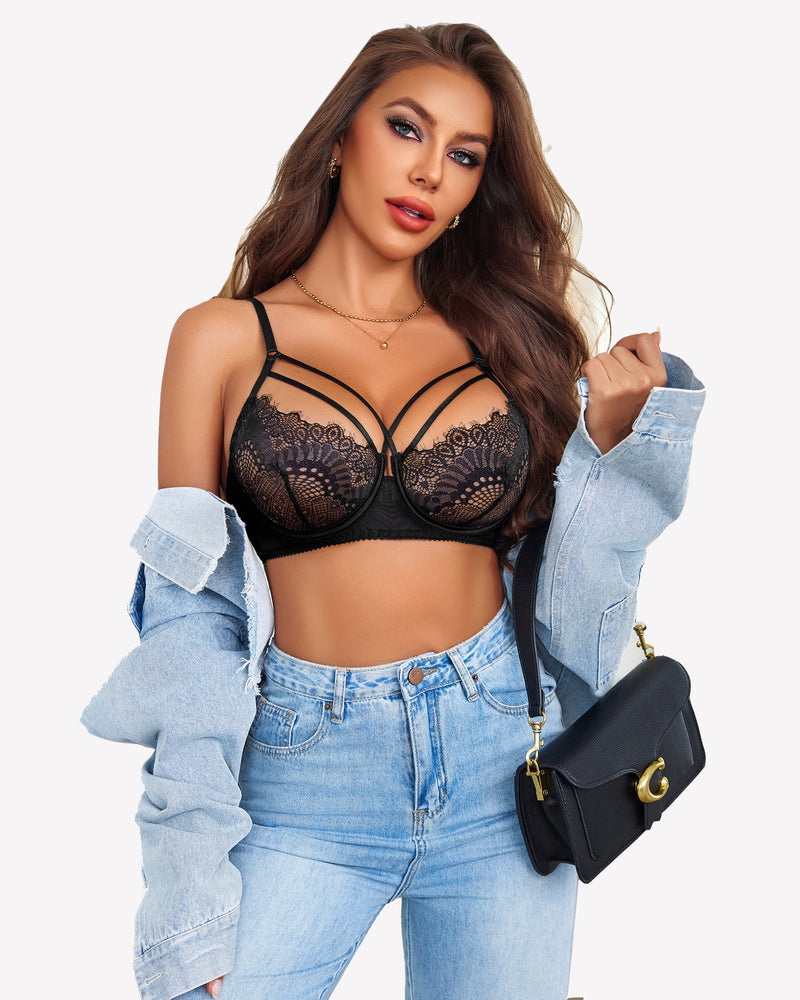 Avidlove Black floral lace bra, adjustable straps, with elegant design. Sexy lingerie set for women.