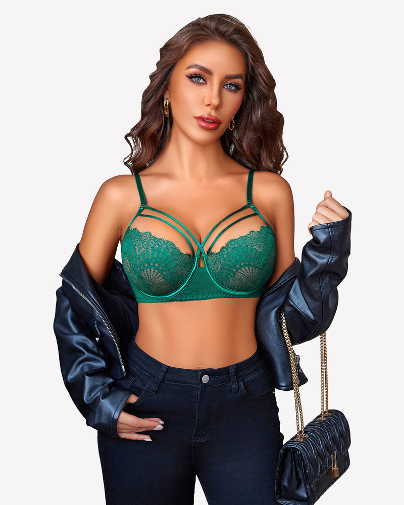 Emerald green lace bra with adjustable straps, floral design, and elegant lingerie for women.