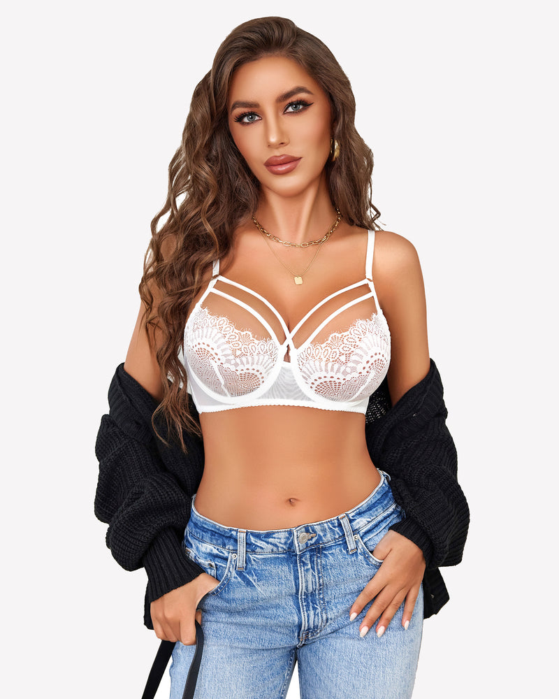 White floral lace bra, adjustable straps, elegant design for women