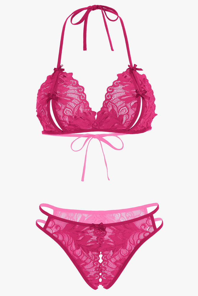 Avidlove fuchsia lace halter bra and panty set. Halter tie design, floral lace, 2-piece lingerie.
