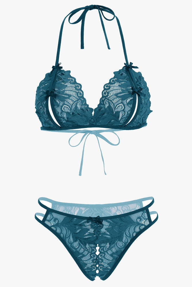 Avidlove teal lace halter bra and panty set. Floral lace, halter tie design, 2-piece lingerie set.