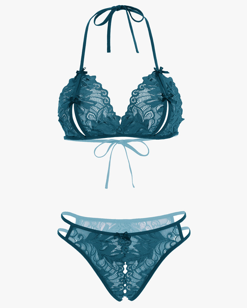 Avidlove teal lace halter bra and panty set. Floral lace, halter tie design, 2-piece lingerie set.