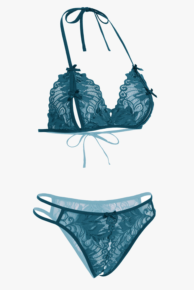 Teal lace bra and panty set. Halter tie design, floral lace details, Avidlove sexy lingerie