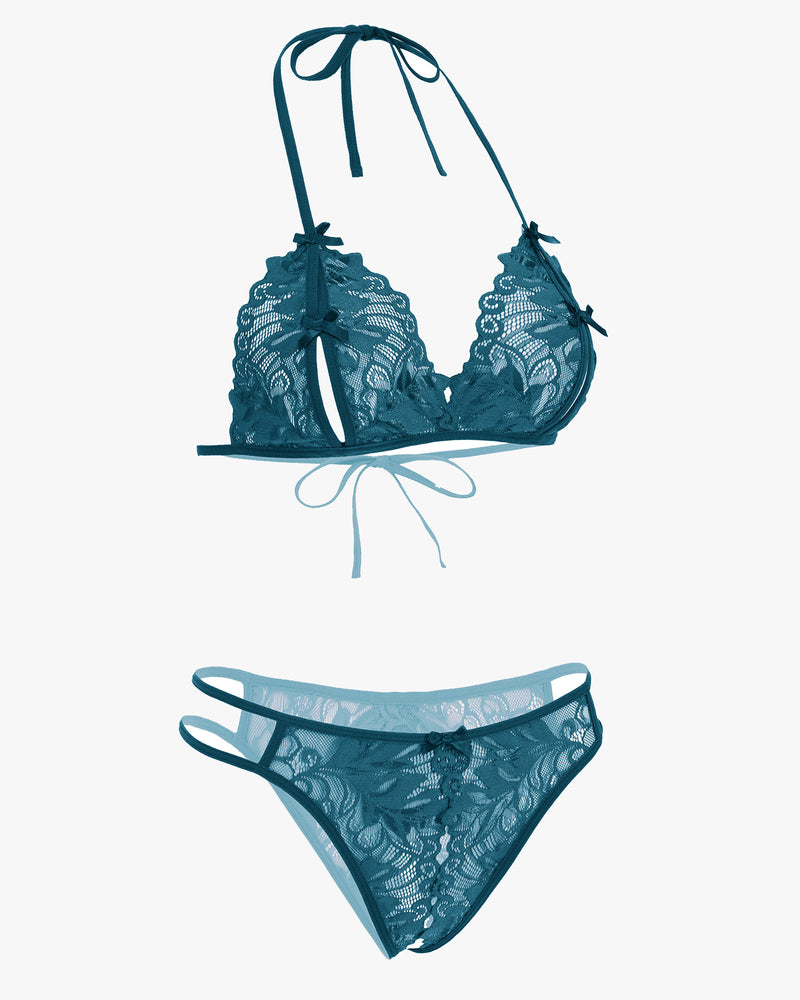 Teal lace bra and panty set. Halter tie design, floral lace details, Avidlove sexy lingerie