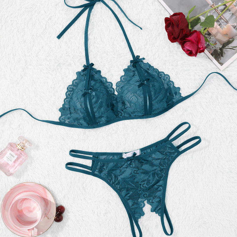 Teal lace Avidlove halter bra and panty set, floral design, halter tie, sexy lingerie, 2-piece set