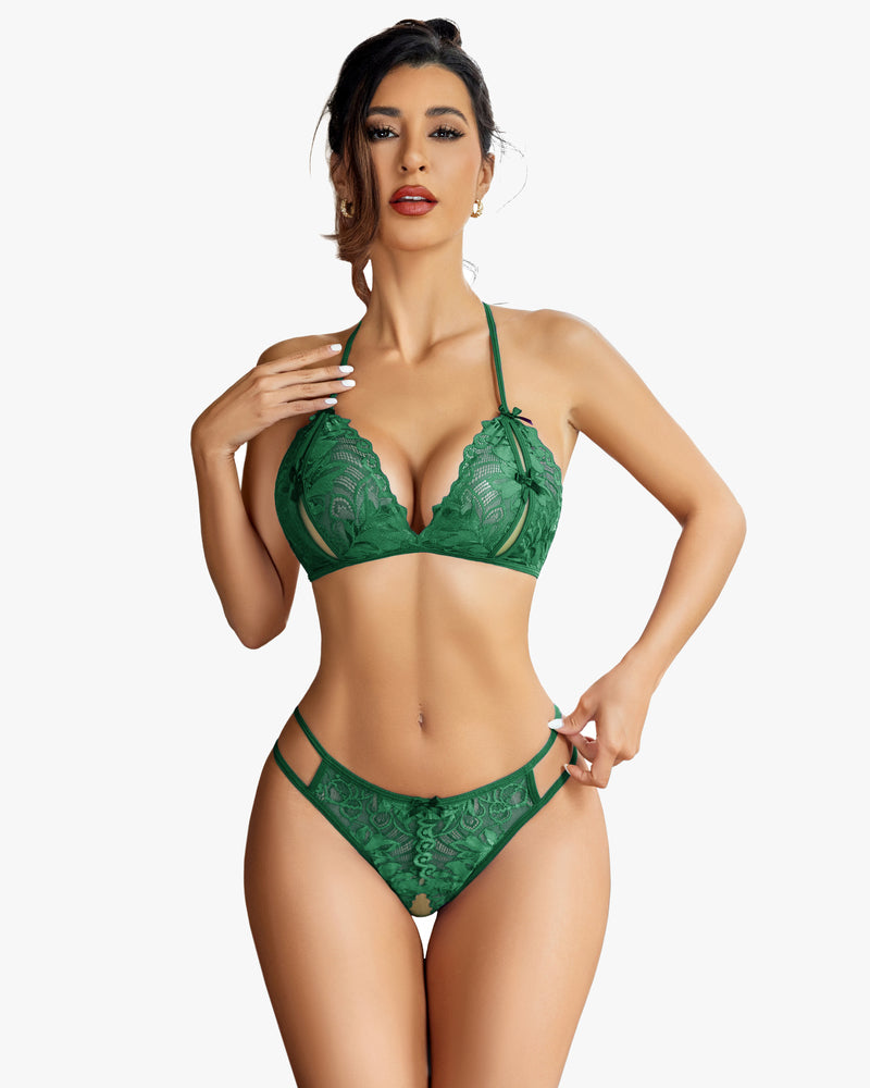 Avidlove green lace halter bra and panty set. Halter tie design, floral lace details, sexy lingerie.