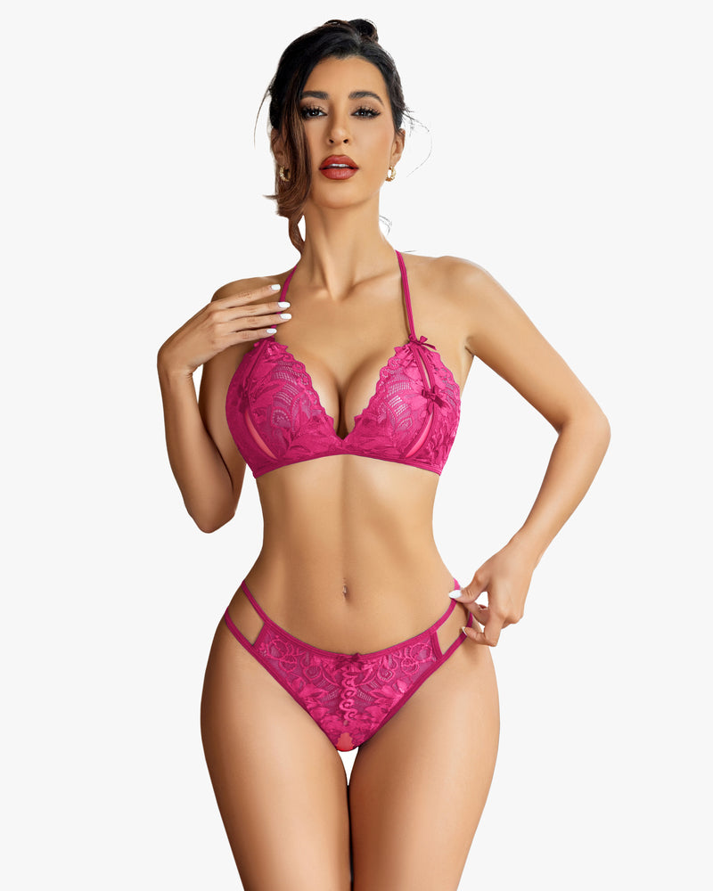 Avidlove Fuchsia Lace Halter Bra and Panty Set - Playful allure, sexy lingerie