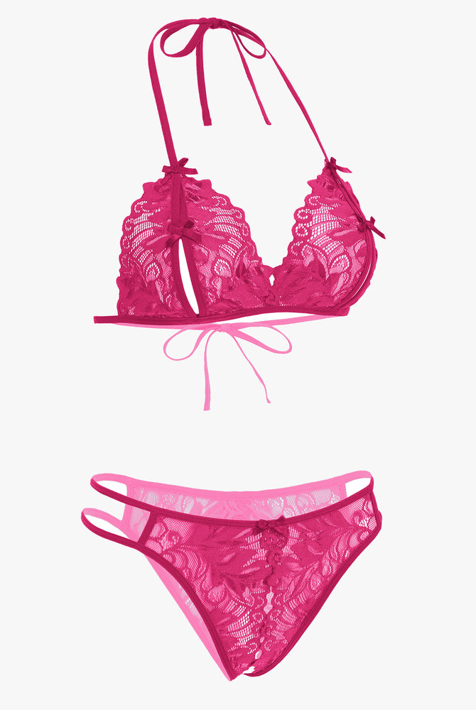 Avidlove fuchsia lace halter bra and panty set. Halter tie, floral details, sexy lingerie