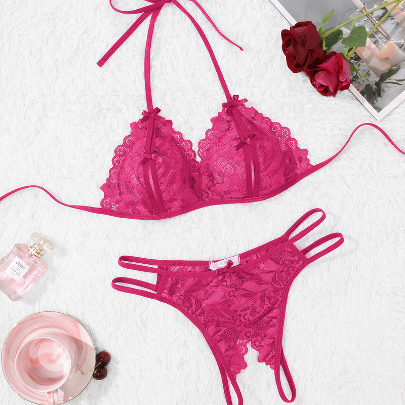 Avidlove pink lace halter bra and panty set, floral design, 2-piece lingerie set. Sexy lingerie.